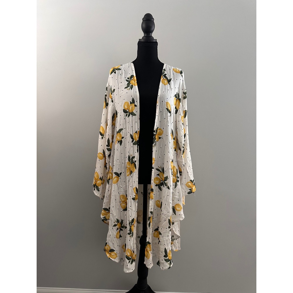Torrid Ivory Lemon Crepe Kimono Polka Dot Tie Front Wrap Cover Up Plus Size 1/2